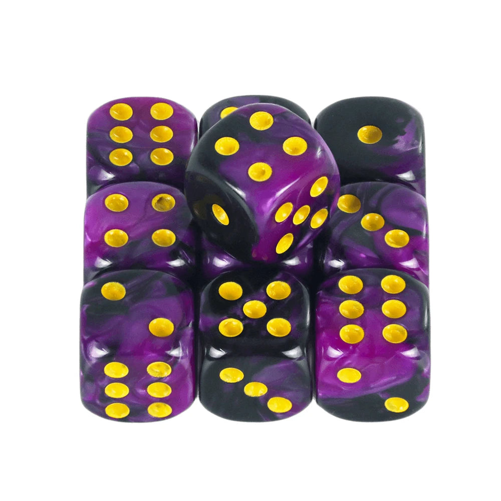 A set of ten mixed-color dice, featuring purple and black dice with yellow dots.
