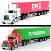 A white semi-truck pulling a red shipping container labeled ONE OCEAN NETWORK EXPRESS and a red truck pulling a green shippin