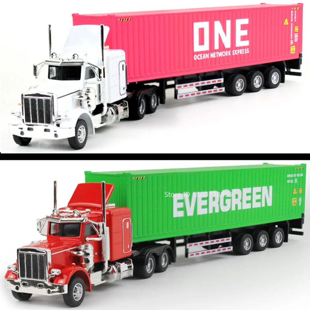 A white semi-truck pulling a red shipping container labeled ONE OCEAN NETWORK EXPRESS and a red truck pulling a green shippin