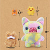 A large, fluffy yellow and pink plush toy resembling a cat with large eyes and visible teeth.