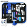 A black zippered case containing a precision watch repair tool kit with various tools and instruments.