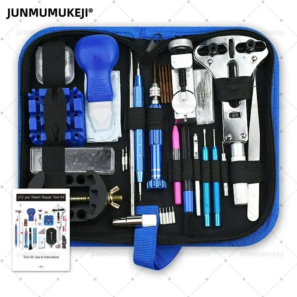 A black zippered case containing a precision watch repair tool kit with various tools and instruments.