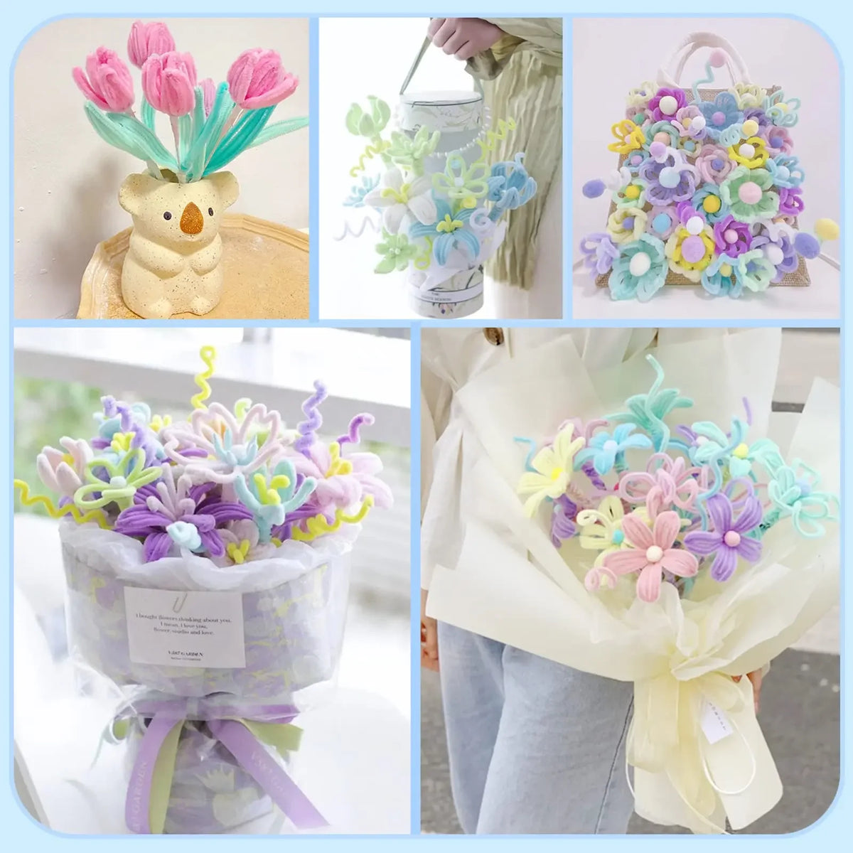 A collection of colorful chenille stem craft sticks in various shades of purple, pink, and green arranged in bouquets.