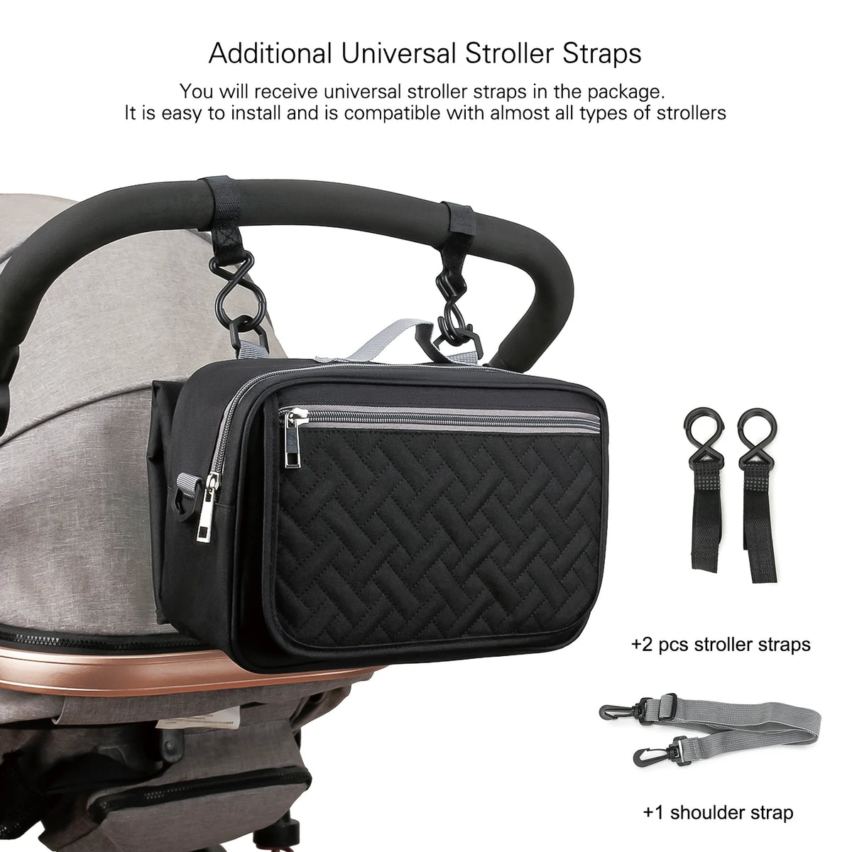 Black portable diaper bag organizer with zippers and straps shown attached to a stroller frame.