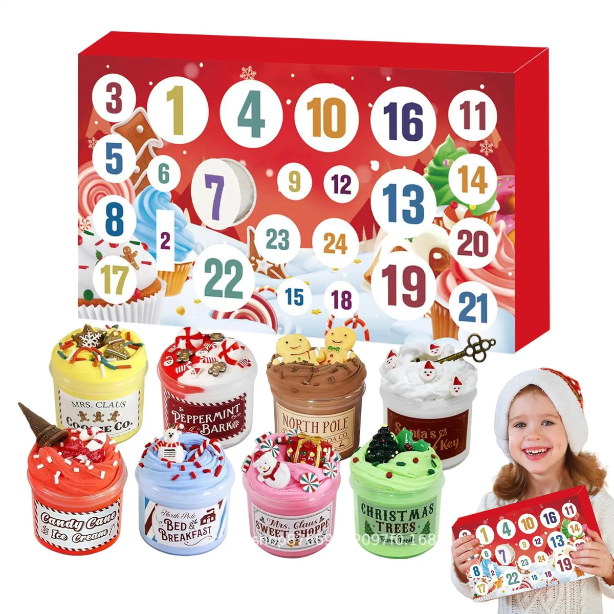 A red box containing a 24-day Christmas slime advent calendar with numbered compartments for kids.