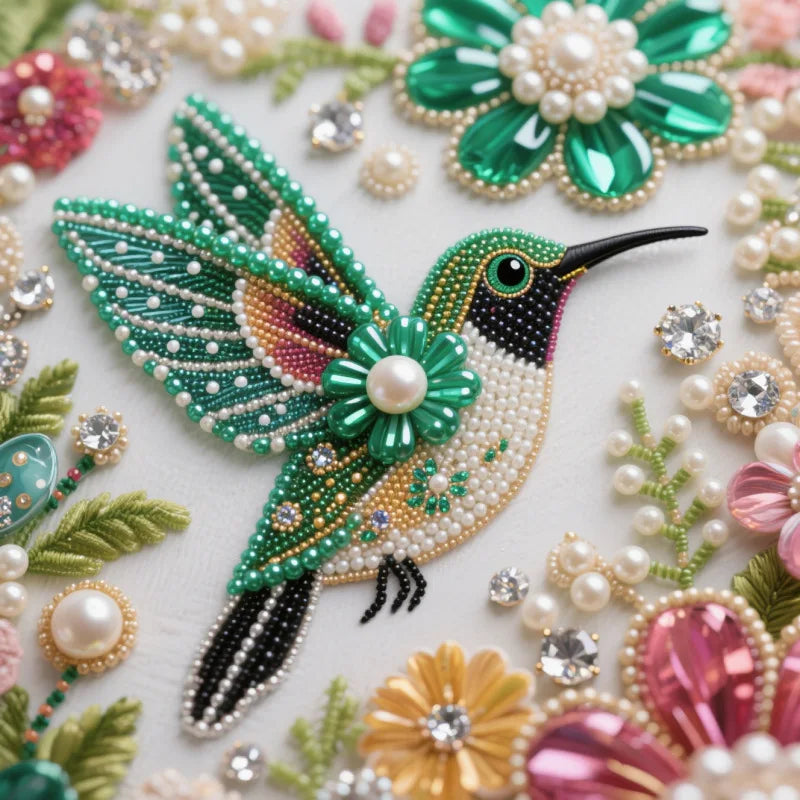 A detailed close-up of a finished bird design in diamond painting featuring green, black, and white elements surrounded by pe