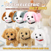 A collection of plush electric dog toys, including various breeds and colors, demonstrating walking, barking, and wagging fea