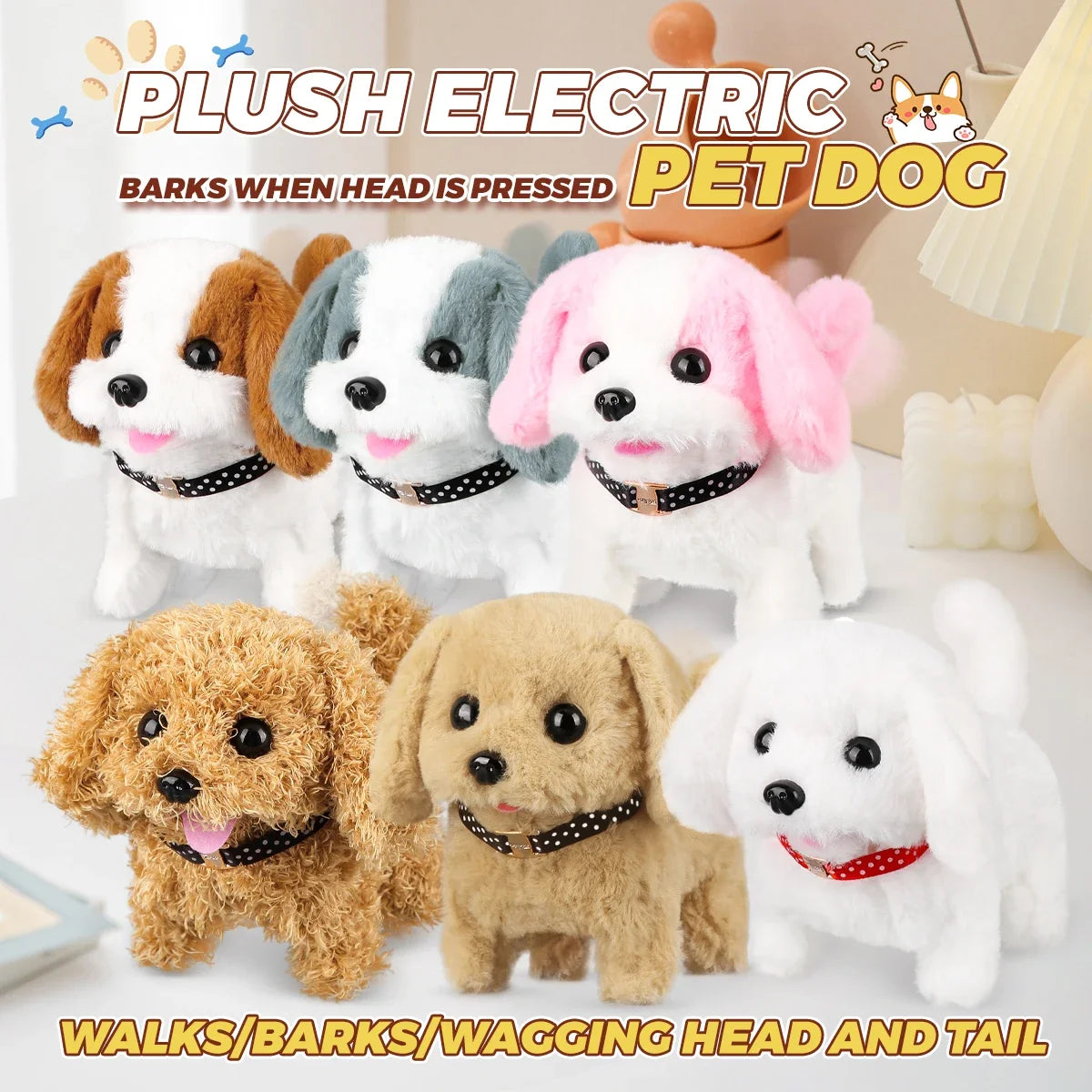 A collection of plush electric dog toys, including various breeds and colors, demonstrating walking, barking, and wagging fea
