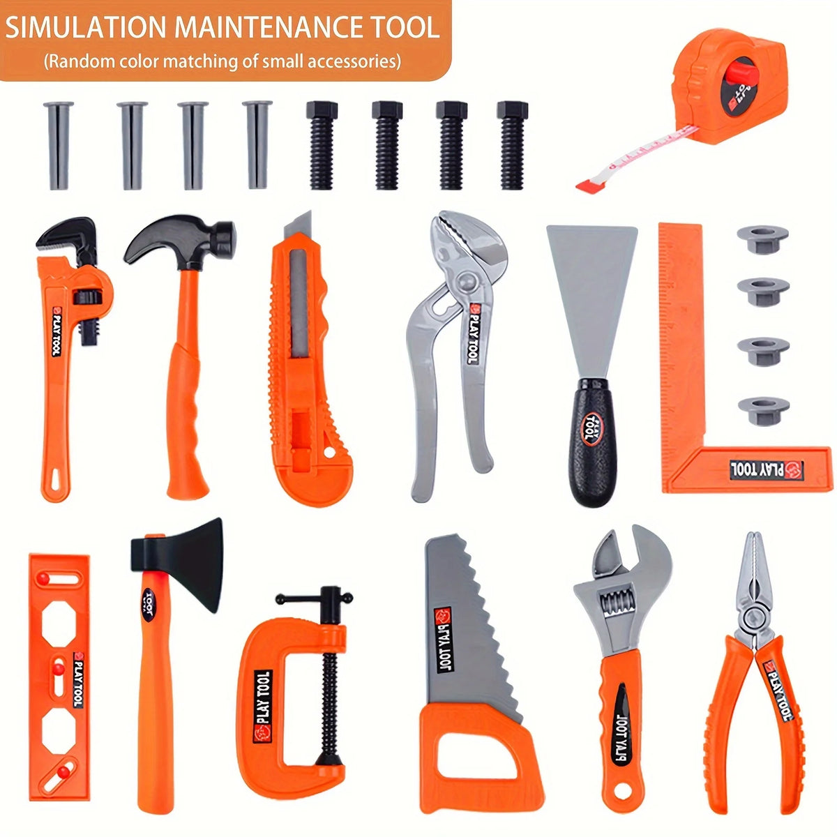 A set of orange and black tools including a drill, hammer, pliers, and various other pretend play items for kids.