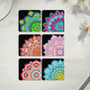 A set of six square bookmarks featuring colorful mandala flower designs in pink, teal, and yellow.