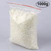 A bag of 1000g of white natural beeswax pellets for DIY candle making and skincare.