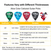 A comparison chart showing Alice Celluloid guitar picks categorized by thickness: Soft, Moderate, Harder, and Robust.