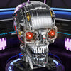 A detailed mechanical skeleton head building kit with silver and red accents, featuring LED lights and intricate components.