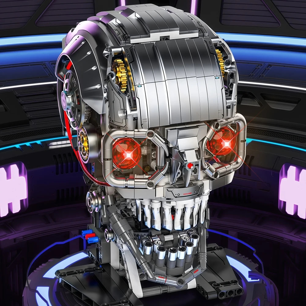 A detailed mechanical skeleton head building kit with silver and red accents, featuring LED lights and intricate components.