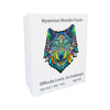 A box containing a mysterious wooden puzzle featuring an intricate, colorful wolf head design.