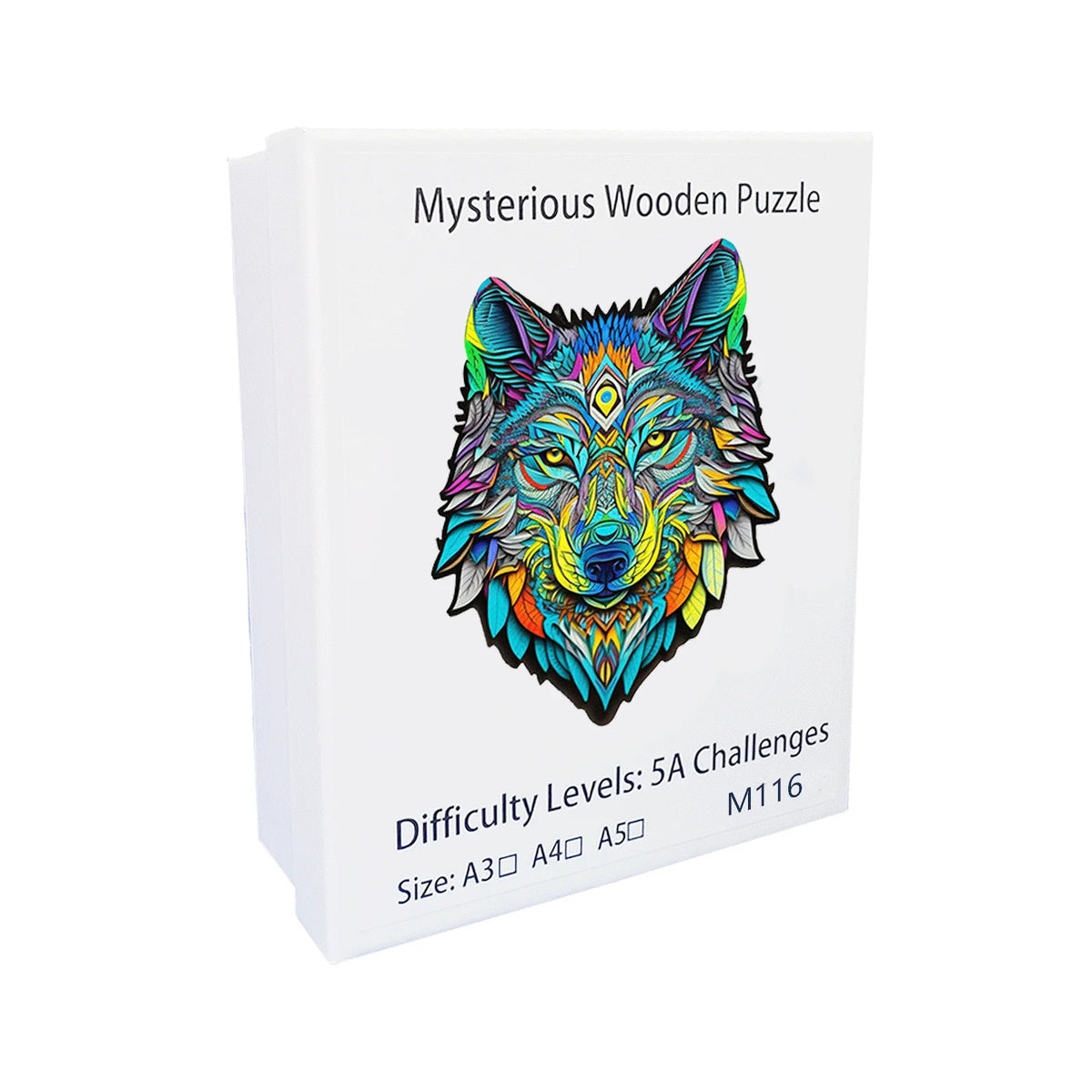 A box containing a mysterious wooden puzzle featuring an intricate, colorful wolf head design.
