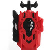 Red burst-style spinning top launcher with a black spinning top and a black plunger.