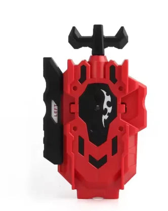Red burst-style spinning top launcher with a black spinning top and a black plunger.