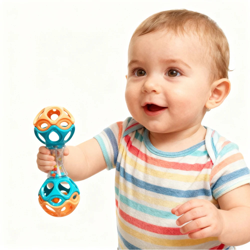 A baby is holding an orange and blue soft rubber teething and grasping rattle toy.