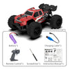 A red and black off-road remote control car with accessories including a battery, screwdriver, and instruction manual.