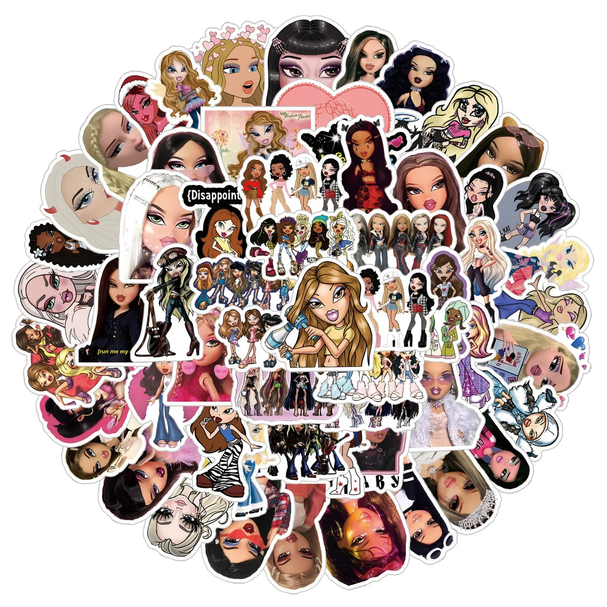 A collection of cartoon Bratz doll stickers and decals for DIY decoration.