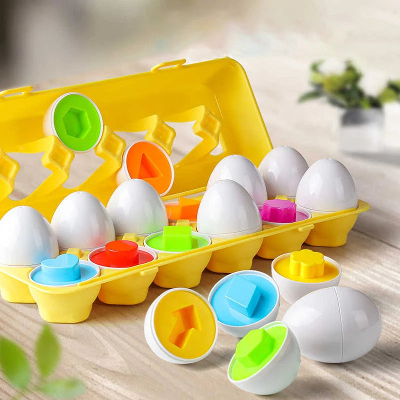 A yellow Montessori matching eggs toy with various colored and shaped plastic eggs for toddlers.