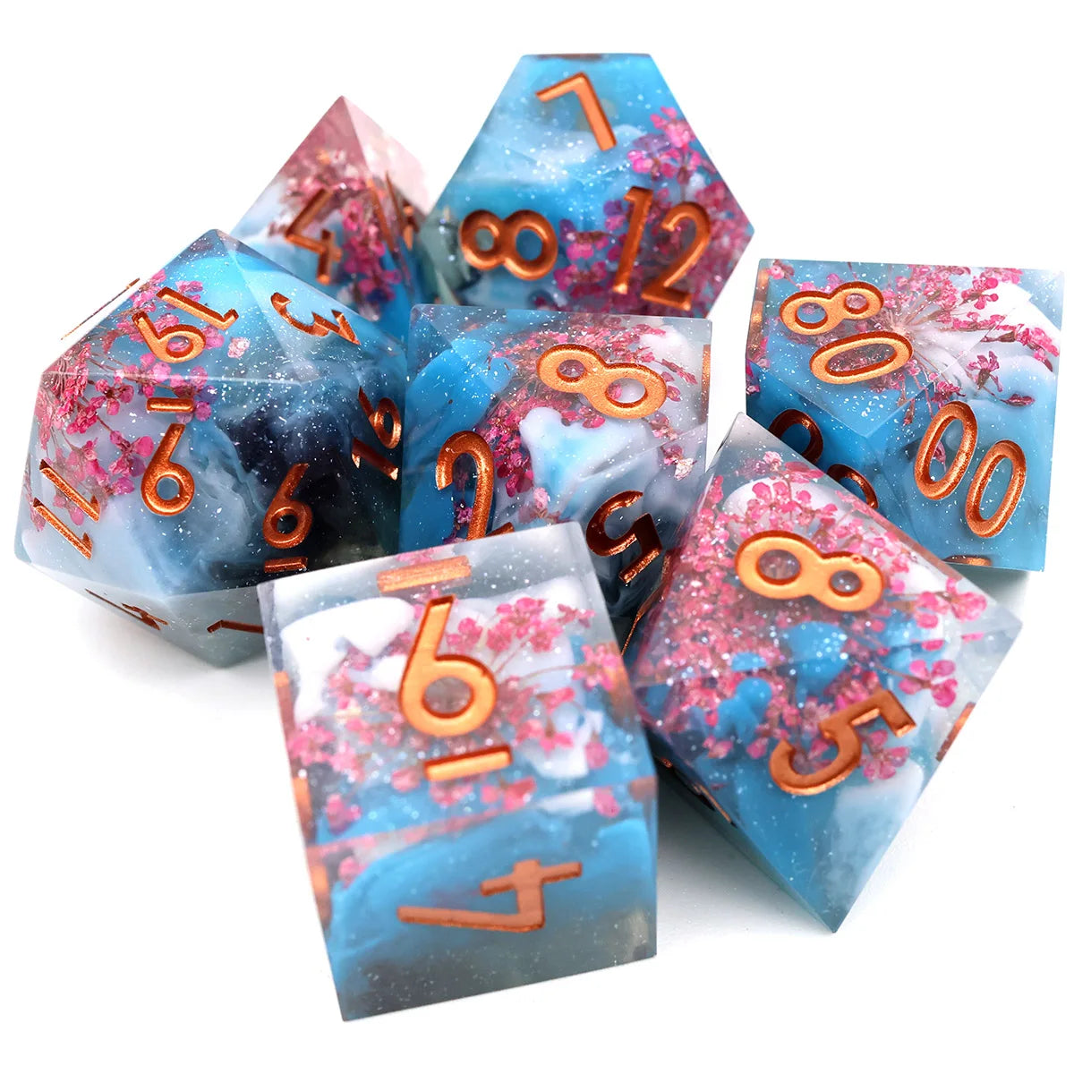 Handmade Resin D&D Dice Set – 7 Polyhedral Dice with Floral Design