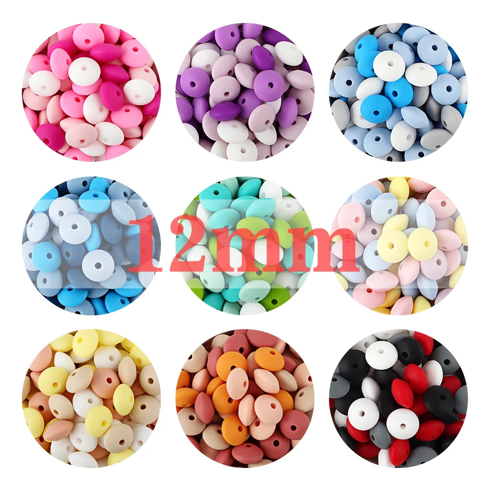 A collection of colorful silicone lentil beads in various shapes and sizes for jewelry making.