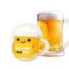 Handmade crochet beer mug buddy with a funny card sitting next to a glass of amber beer.