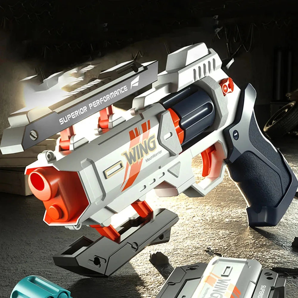 A white and orange foam bullet toy pistol with a rapid-fire action mechanism is shown in a close-up view.