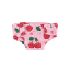 Pink soft doll underwear featuring a pattern of red apples and green leaves