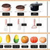 Kids pretend play kitchen set featuring various fruits, vegetables, and cookware items.