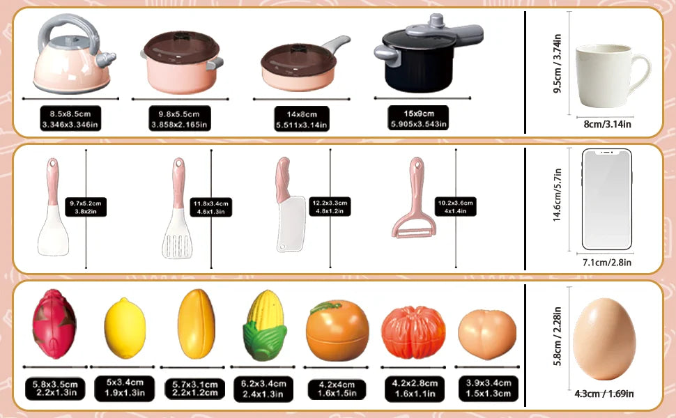 Kids pretend play kitchen set featuring various fruits, vegetables, and cookware items.