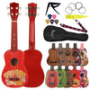 A red ukulele and a full set of accessories including a pick, tuner, and various ukulele bodies.