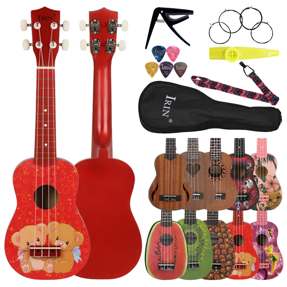 A red ukulele and a full set of accessories including a pick, tuner, and various ukulele bodies.