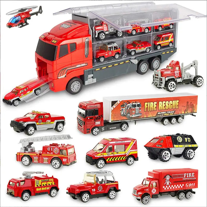 A set of ten diecast construction vehicle playsets in various colors and models.