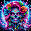 A vibrant diamond painting of a skull with pink hair adorned with colorful flowers and electric blue lightning effects.