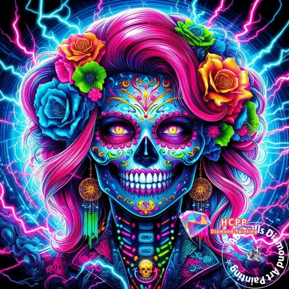 A vibrant diamond painting of a skull with pink hair adorned with colorful flowers and electric blue lightning effects.