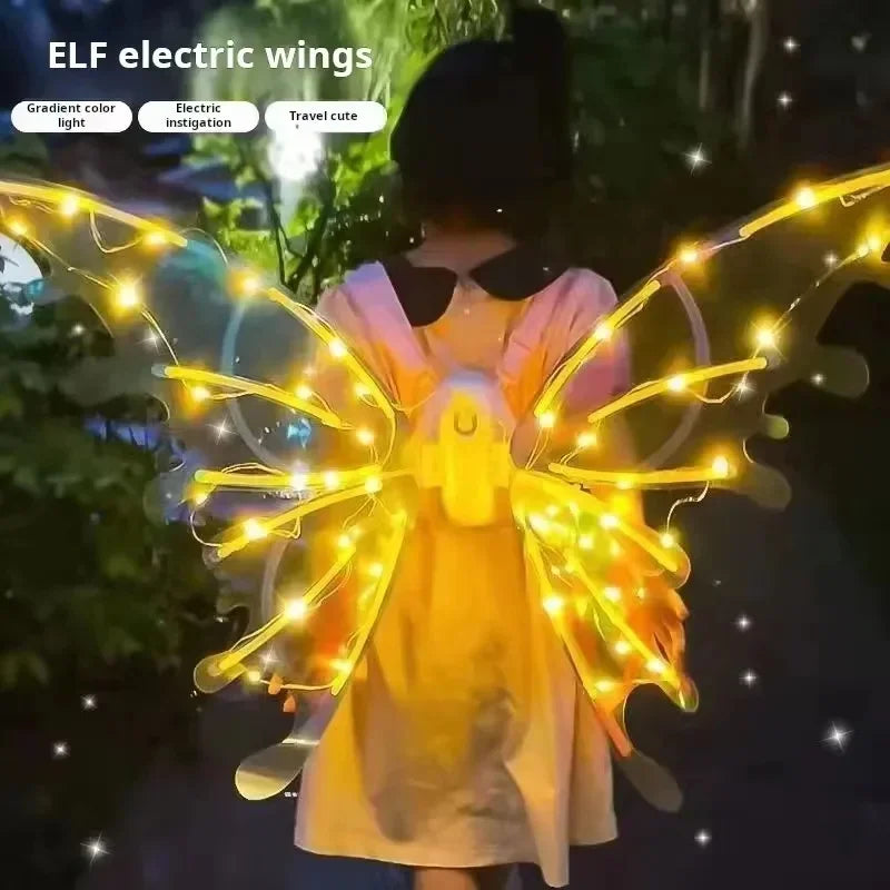 A child wearing a yellow dress with glowing electric wings, illuminated by bright fairy lights.