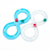 A pair of blue and clear silicone interactive cat turntable toys with tunnels and teaser wands
