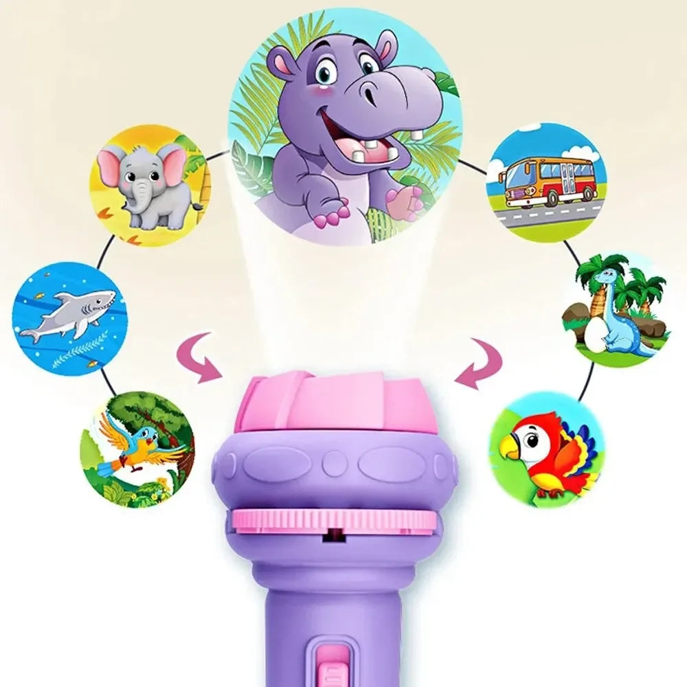 A purple kids' projection flashlight with various animal patterns projecting colorful images onto a surface.