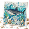 Diamond art kit featuring a silver shark and various sea creatures like starfish and shells on a white background