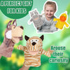 A set of soft plush animal hand puppets including a grey horse, a yellow bear, and an orange tiger.