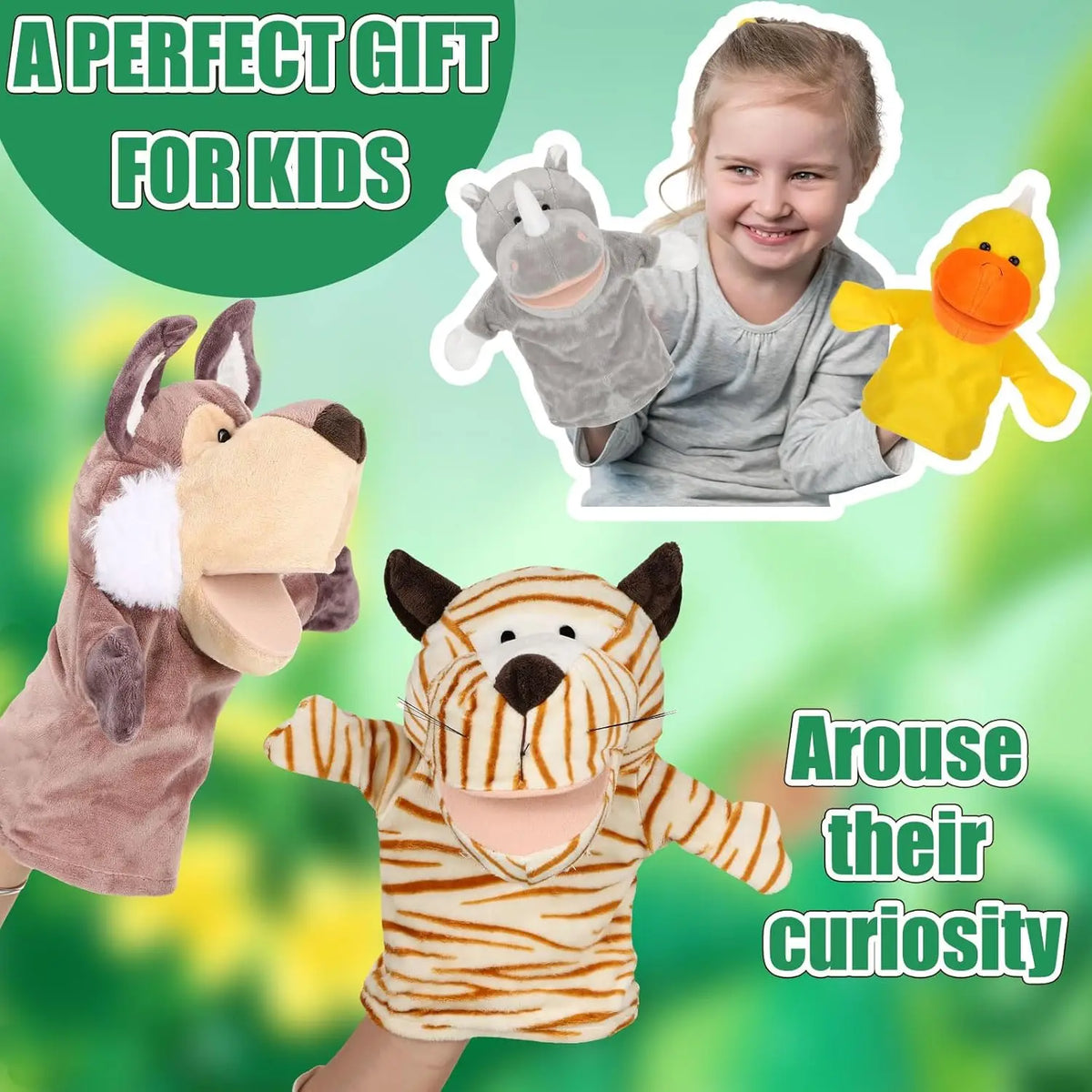 A set of soft plush animal hand puppets including a grey horse, a yellow bear, and an orange tiger.
