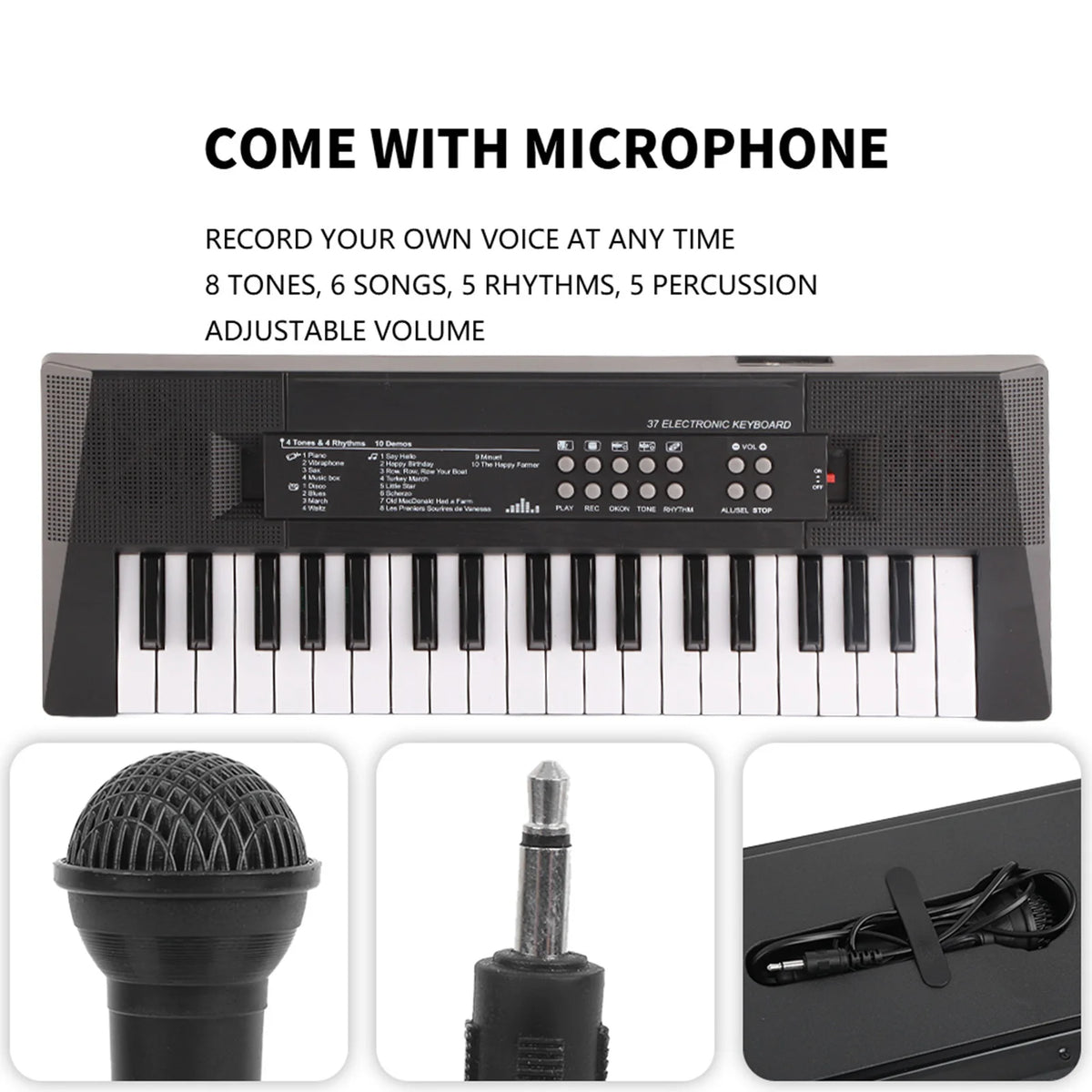 A portable electric keyboard piano with a microphone and various accessories shown on a black surface.