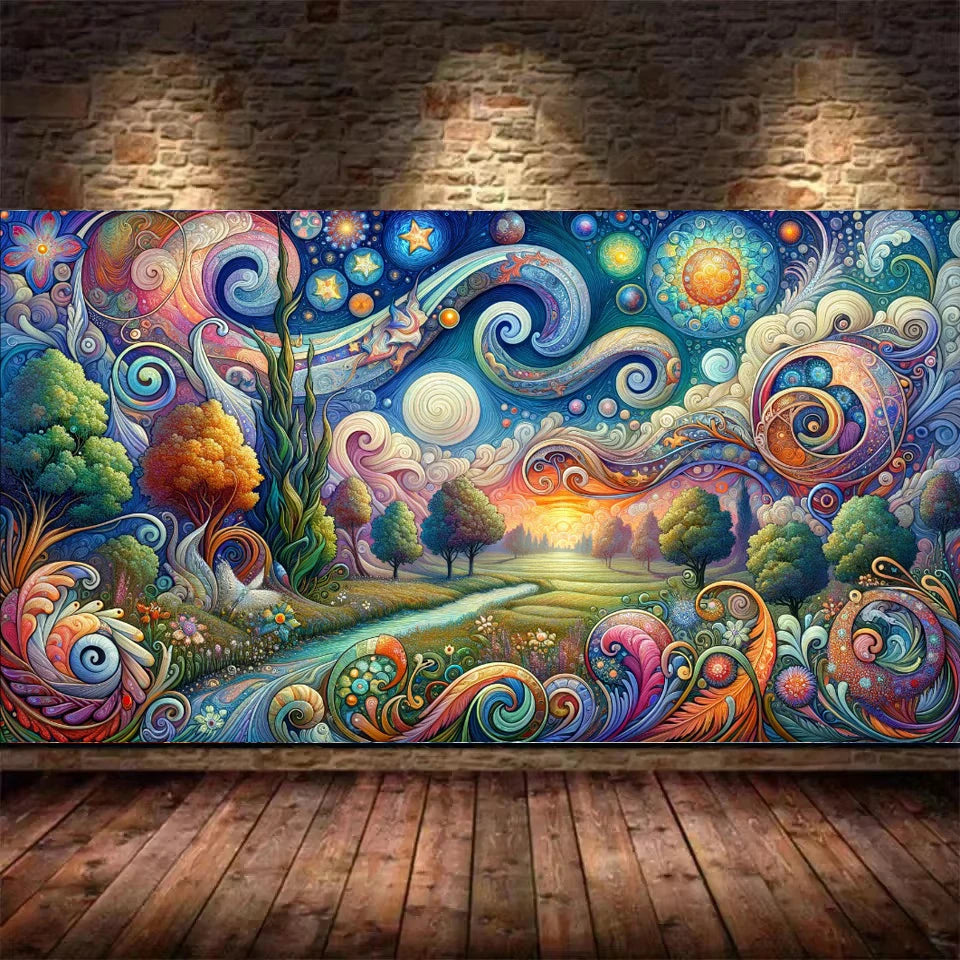 A vibrant 5D diamond painting kit featuring a landscape inspired by Van Gogh and Mucha art styles.