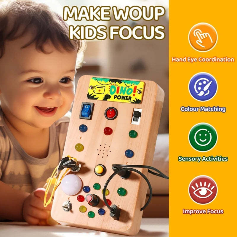 A child is interacting with a wooden LED Montessori busy board featuring various colorful buttons and switches for sensory ac