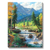 A vibrant forest landscape painting featuring evergreen trees, autumn foliage, and a flowing stream over rocks.