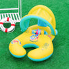 Yellow inflatable pool lounger for two with a sun canopy and backrest resting on green grass.