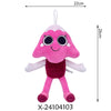 Pink animated stuffed pet with large eyes and purple body